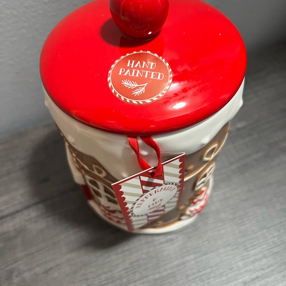 Festive Gingerbread House Cookie Jar with Red and Brown Accents - Picture 4 of 5